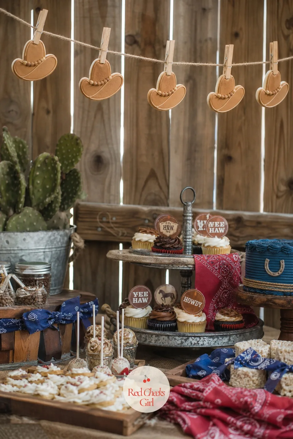 Cowboy Hat Cookie Clothesline — String a short length of cotton twine between two points above the dessert table and clip small cowboy hat shaped cookies to it