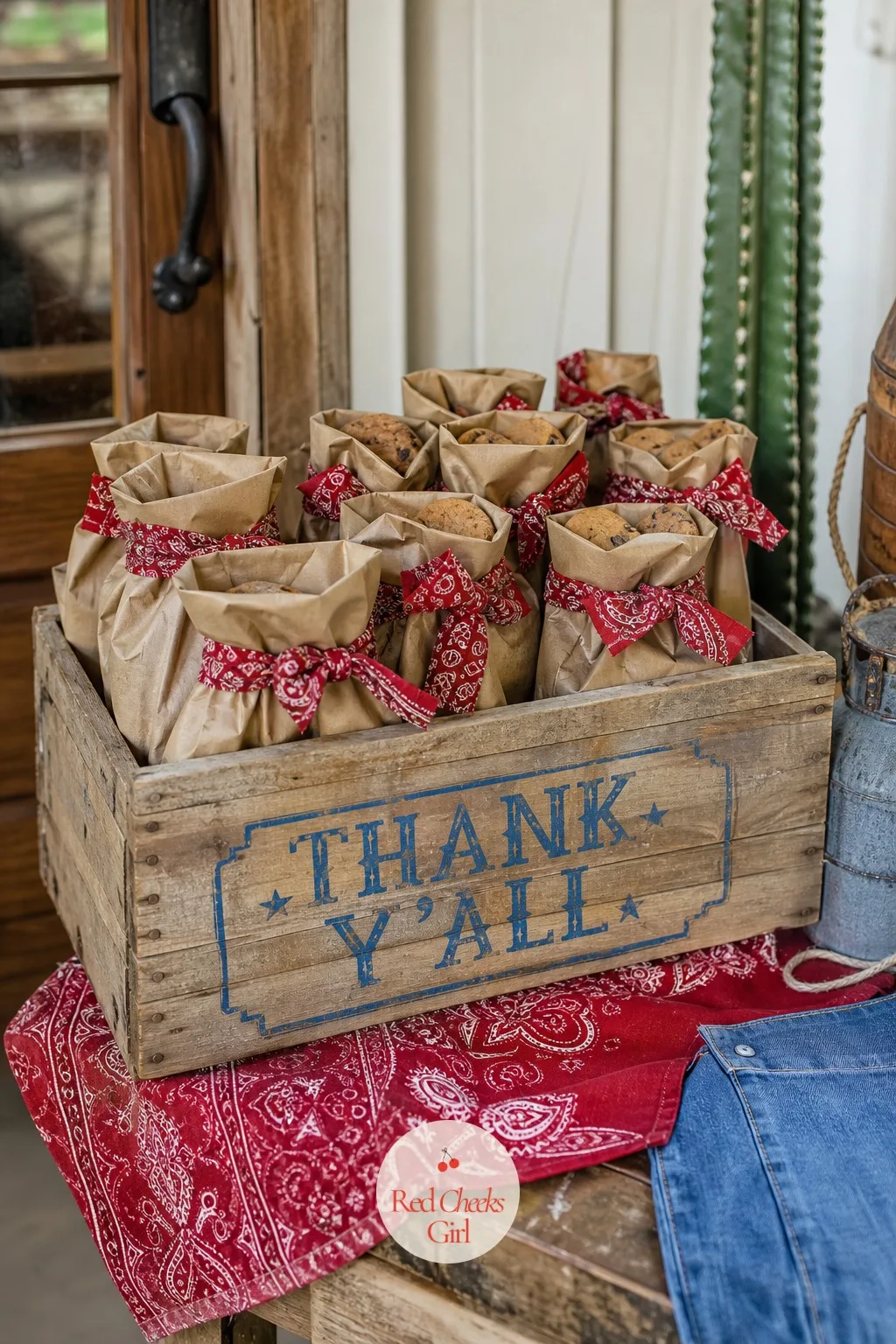 Crate Of Cookie Favor Bags — Small kraft paper bags, each holding two or three cowboy cookies, tied shut with a strip of bandana fabric instead of ribbon