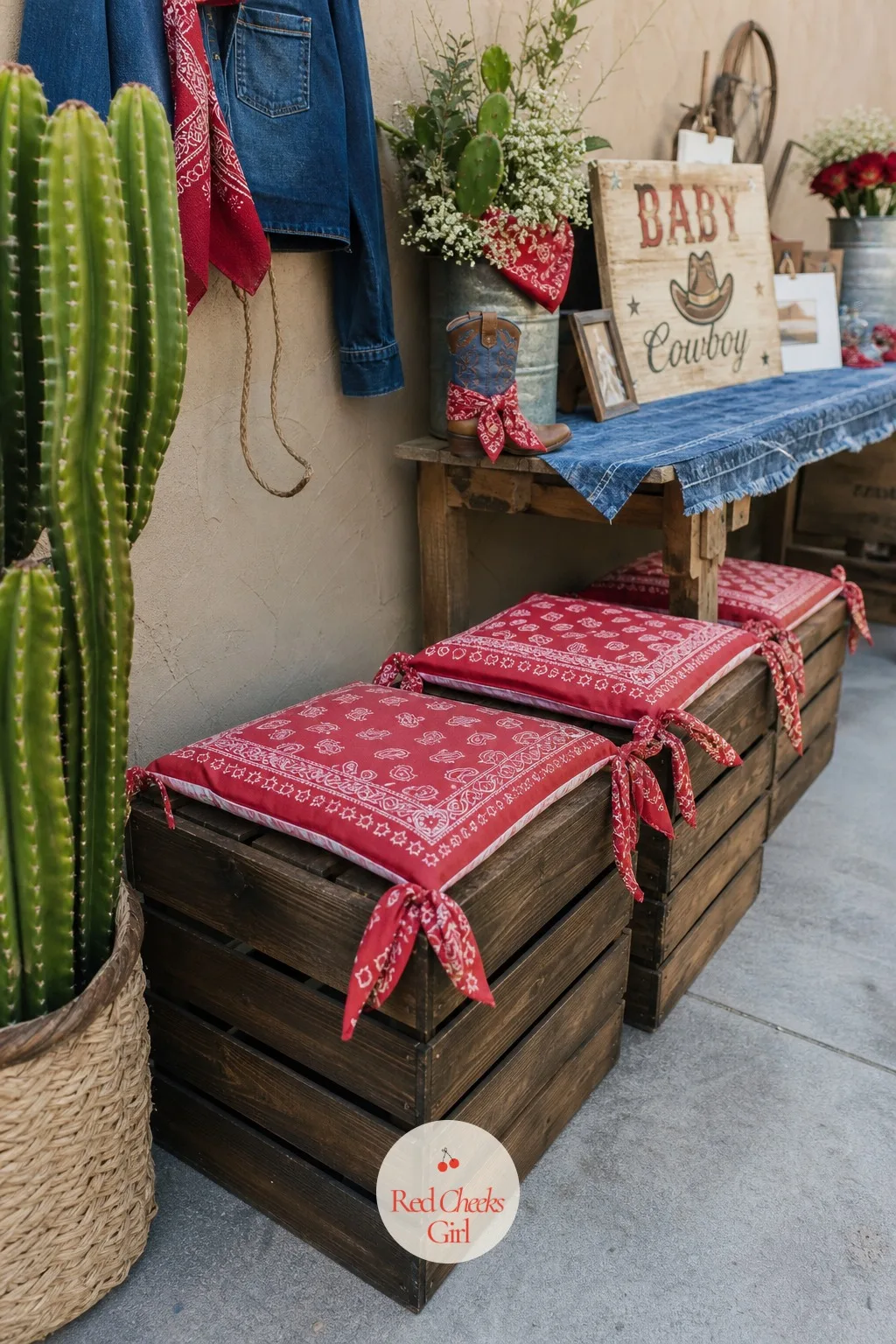 Crate Stools With Bandana Cushions — Upturned wood crates, each topped with a flat cushion cut from bandana fabric and tied at the corners, make low seating