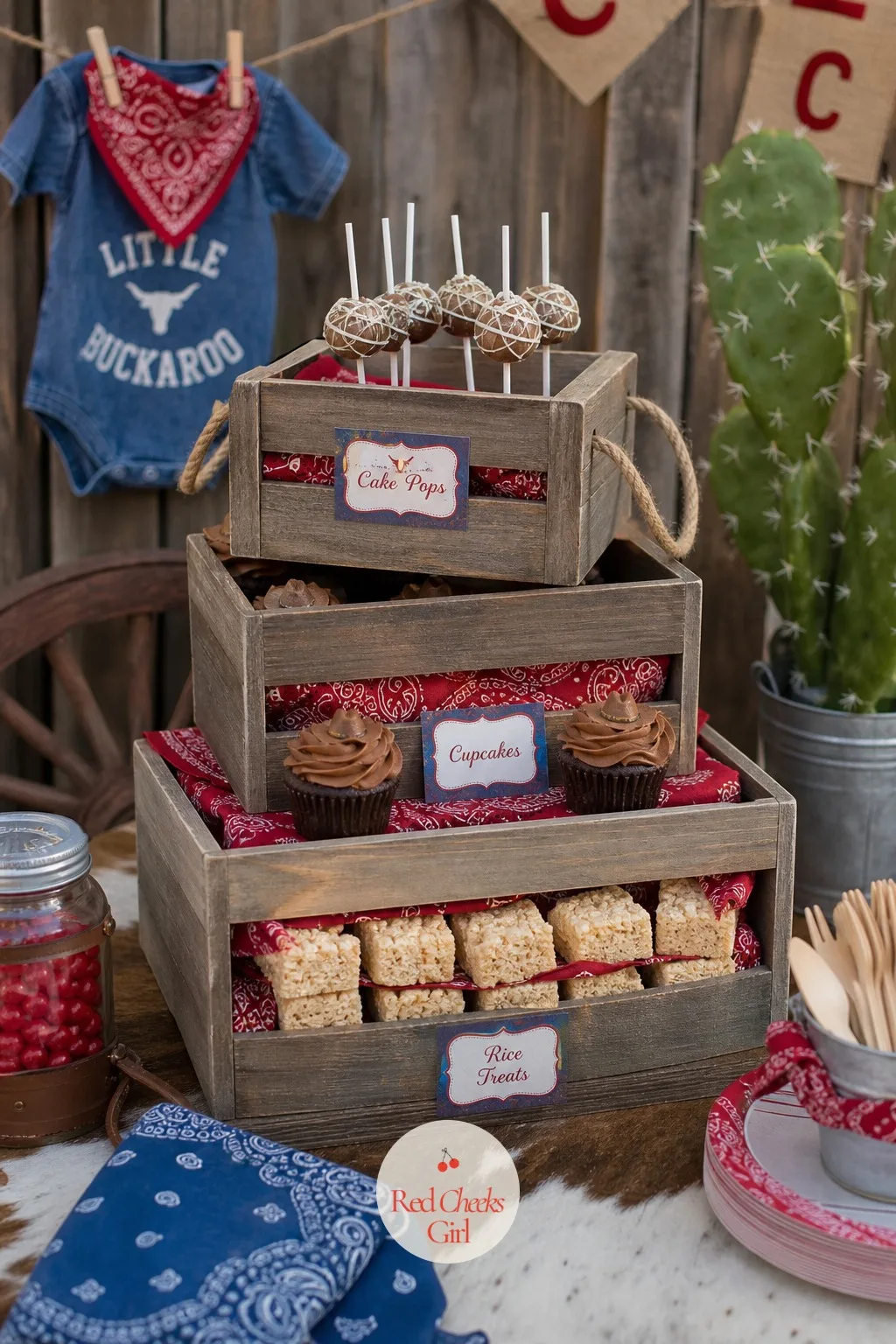 Crate Tier Dessert Stand — Stack two or three wood crates of decreasing size, largest on the bottom, line the inside of each with a square of bandana fabric
