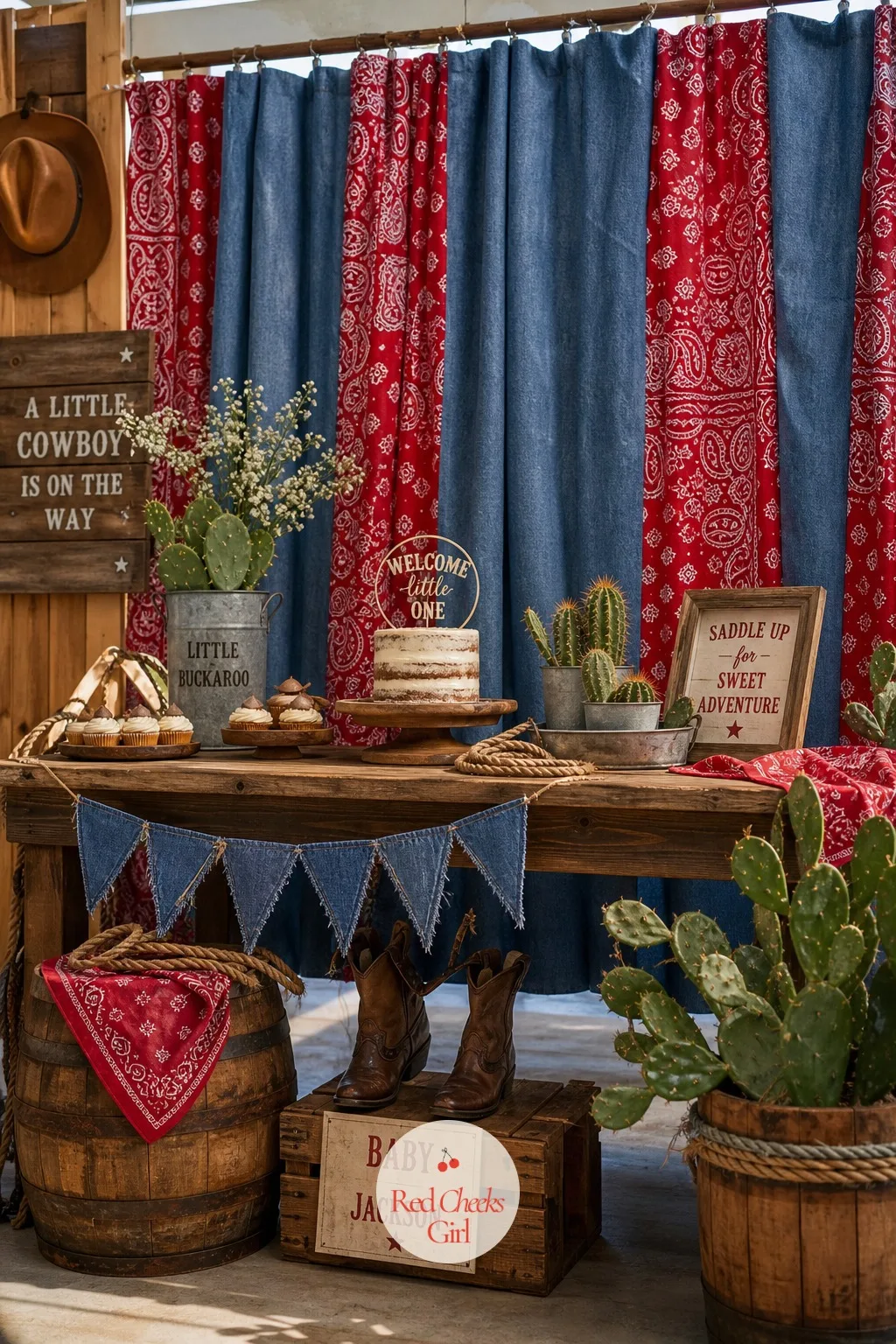 Denim And Bandana Patchwork Backdrop — Sewn or pinned panels of chambray denim and bandana fabric, hung side by side from a curtain rod, give you a backdrop