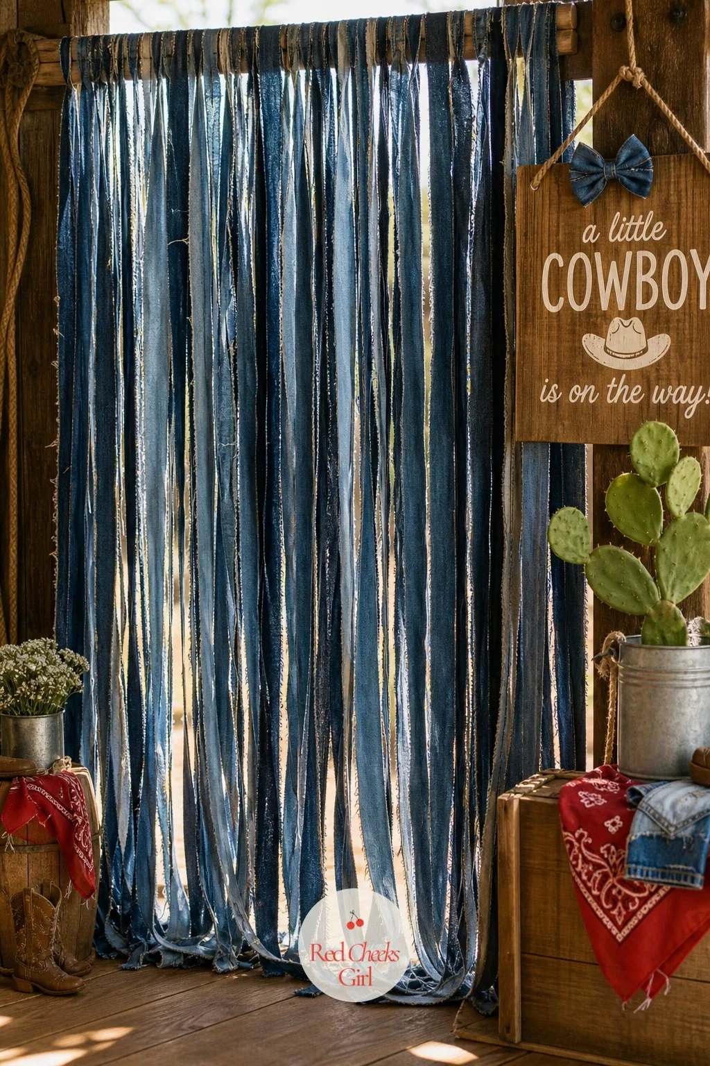 Denim Fringe Curtain Backdrop For Photos — A curtain made of long denim fringe strips, hung from a rod at just above head height, gives a second photo spot