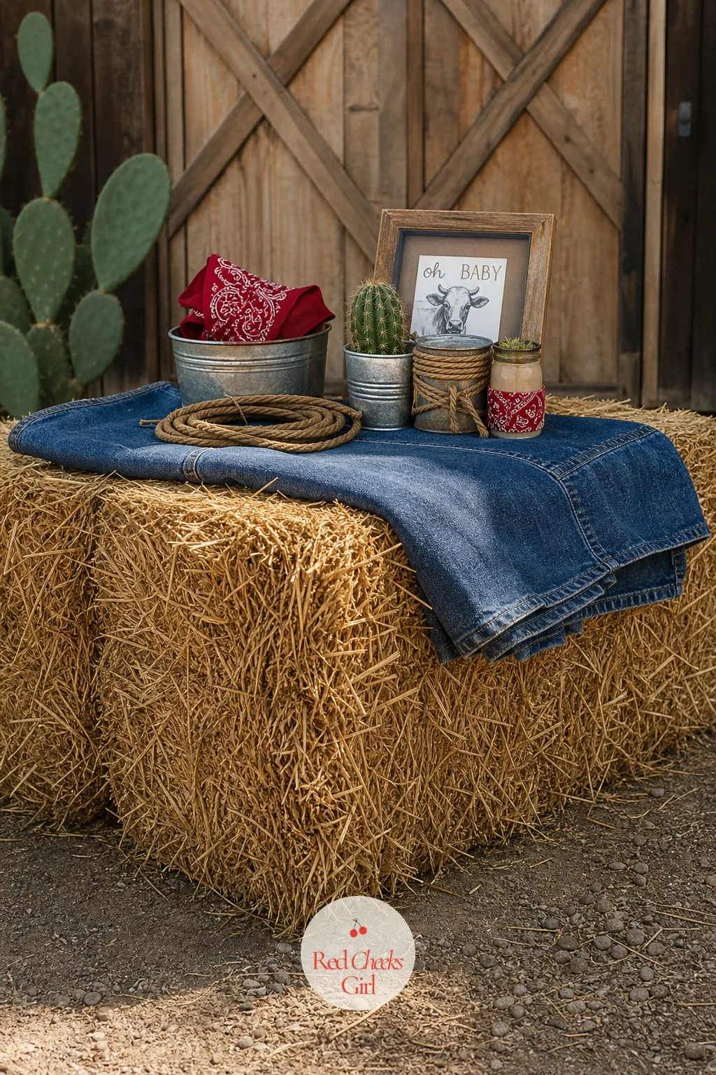 Denim-Draped Hay Bales — Real hay bales, draped with a folded denim blanket across the top edge, turn a slightly scratchy seating option into something guests