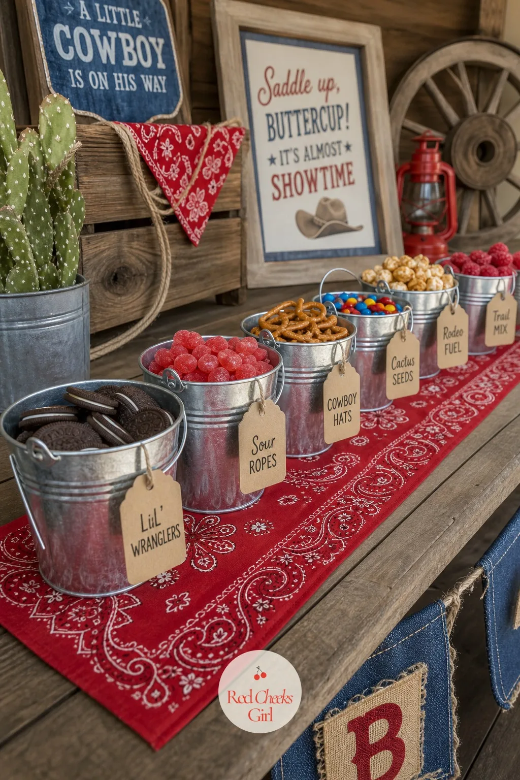 Galvanized Pail Treat Line — A row of small galvanized tin pails, each holding one kind of treat, reads cleaner than a single platter piled with everything at