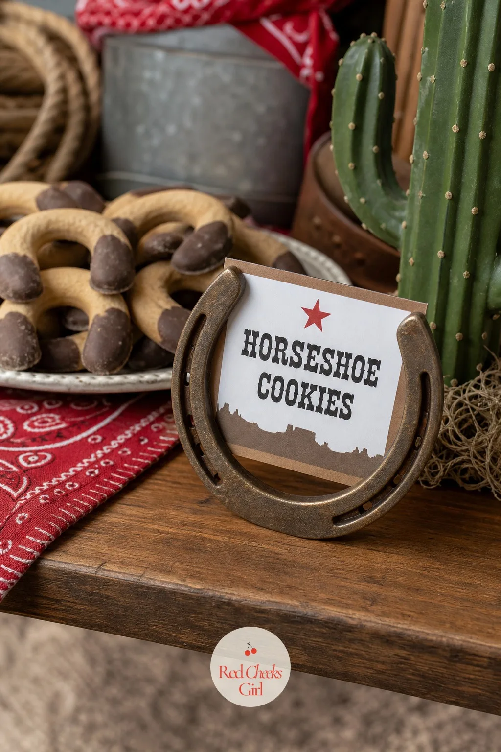 Horseshoe Dessert Labels — Small horseshoes, the craft-store size rather than the real thing, stood upright in a bit of floral foam hidden under each dessert