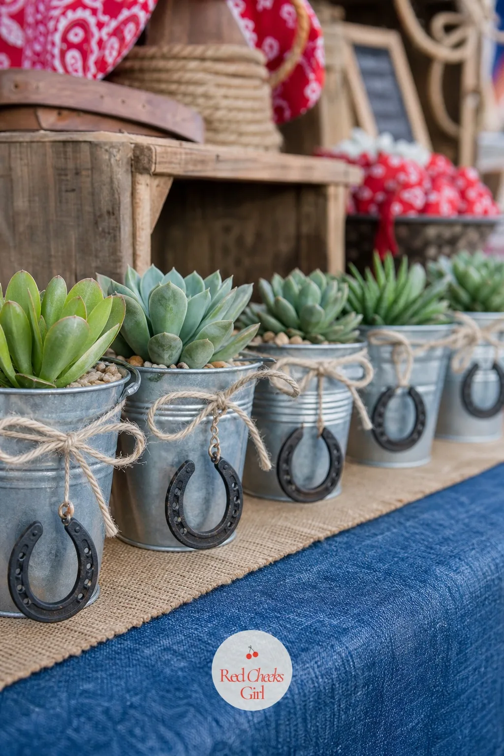 Horseshoe Succulent Favor Pails — Tiny galvanized tin pails, each holding a single small succulent instead of a cactus proper, lined up on a shelf or table