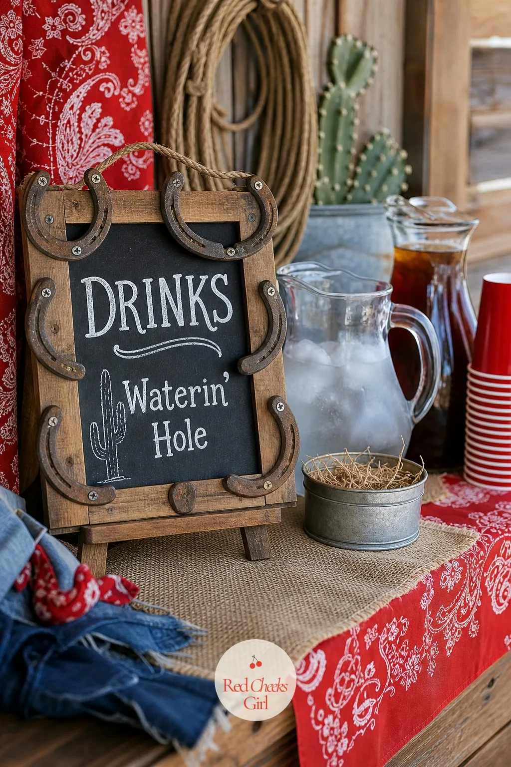 Horseshoe-Framed Chalkboard Drink Sign — A small chalkboard, framed on all four sides with horseshoes nailed flat against a plain wood border, labels the drink