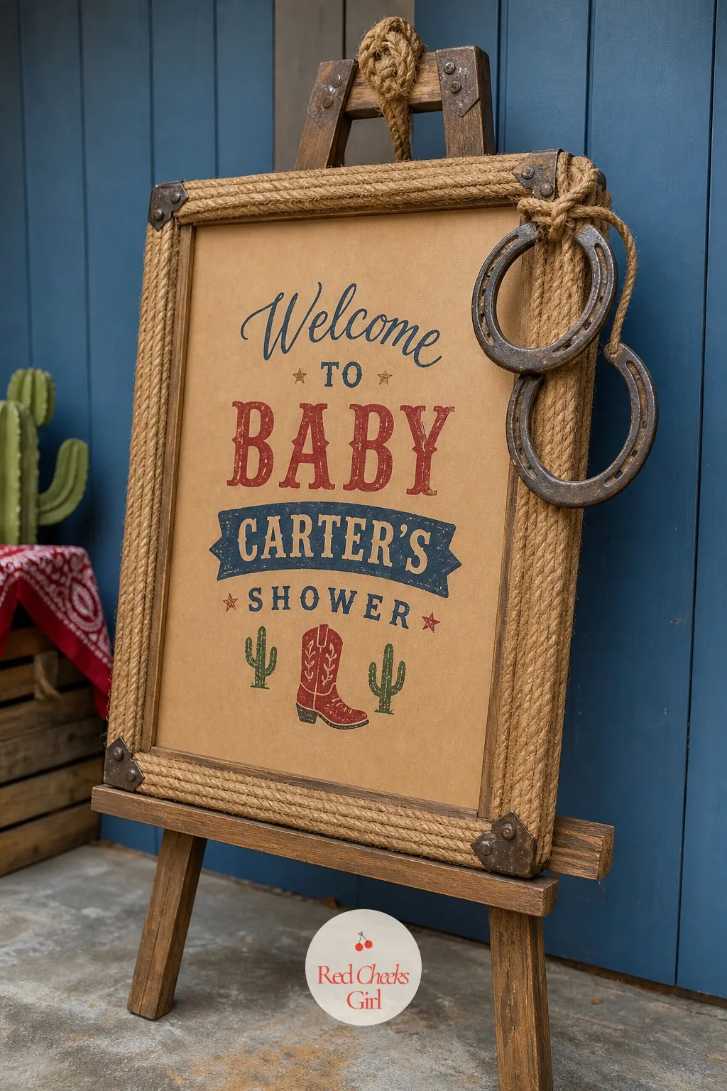 Horseshoe-Framed Easel Sign — A sign on a plain easel looks like it belongs at a conference. Cowboy baby shower theme decor