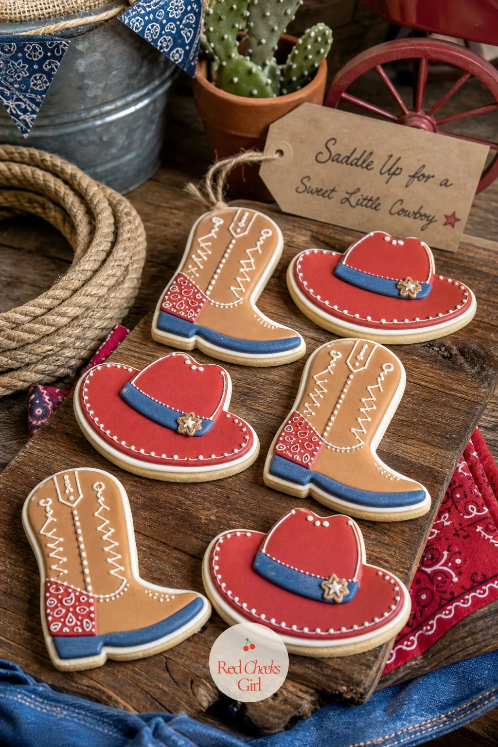 Iced Boot And Hat Cowboy Cookies — Cowboy cookies cut in the shape of a boot and a ten gallon hat, iced in saddle tan and bandana red with simple royal icing