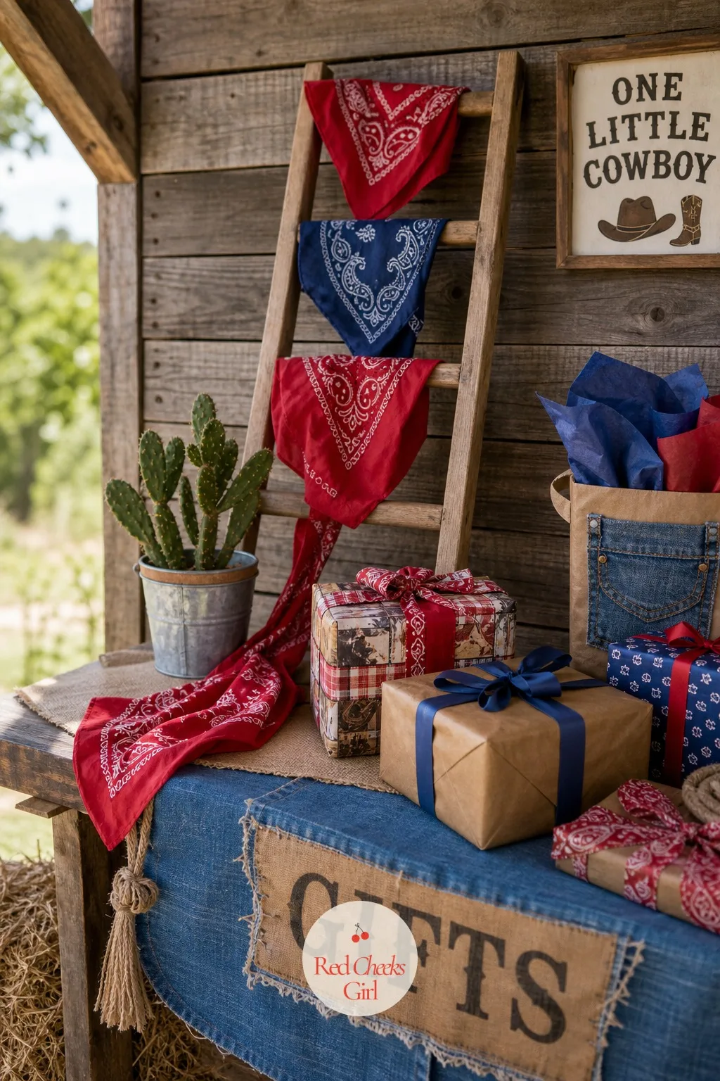 Ladder And Bandana Gift Backdrop — A short wood ladder, leaned at an angle behind the gift table, gives presents somewhere to climb instead of stacking flat