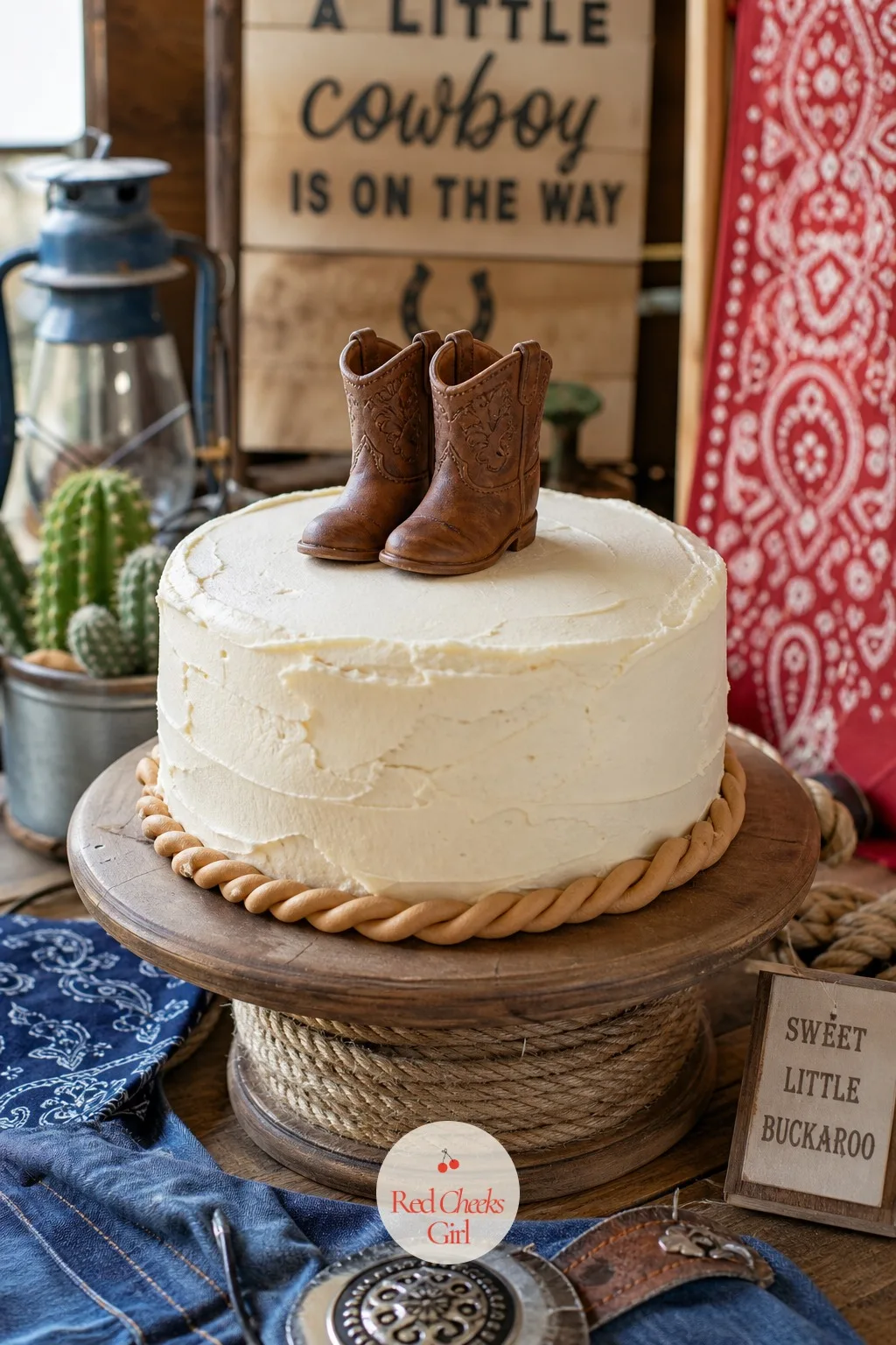 Lasso Buttercream Cake — A single tier, loosely iced buttercream cake with a thin piped fondant rope circling the base like a lasso and one tiny pair of
