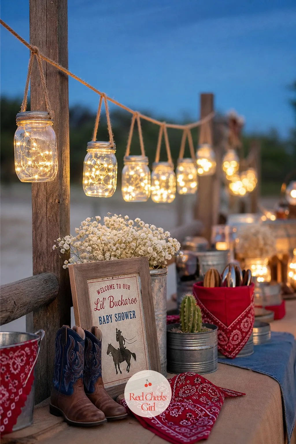 Mason Jar Lantern String — Small mason jars, each holding a short strand of warm fairy lights, strung along a length of rope between two posts or along a porch