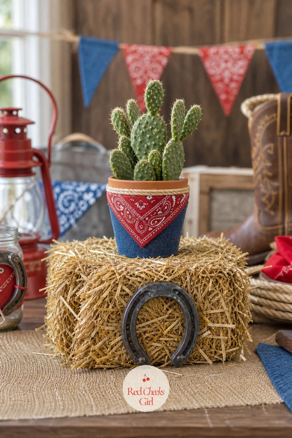 Mini Hay Bale And Cactus Topper — A miniature hay bale, the kind sized for a tabletop rather than a barn, gives each table a low rustic base without swallowing
