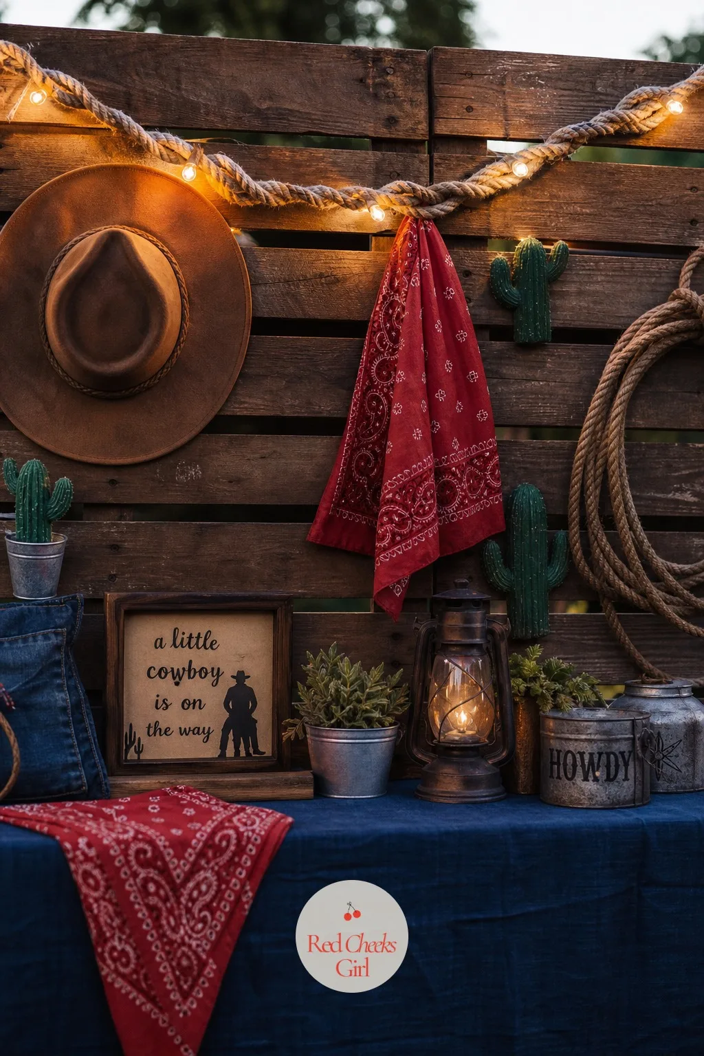 Rope-Wrapped Fairy Lights On The Pallet Wall — Twist a long strand of warm white fairy lights together with a length of cotton rope and drape the pair across