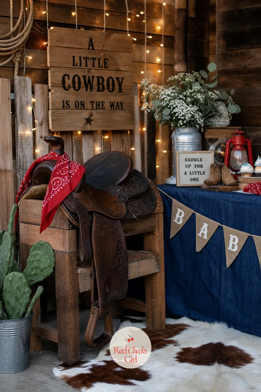 Saddle Photo Corner With Twinkling Lights — A real or decorative saddle, set on a low wood stand against a backdrop of warm twinkling lights, gives a photo