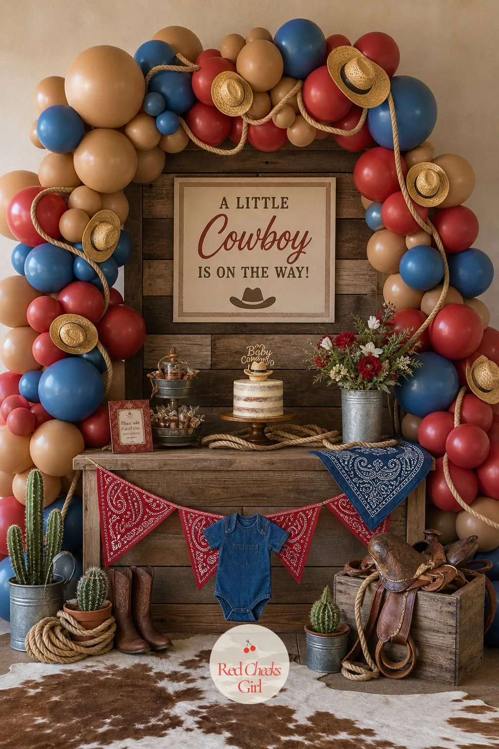 Saddle-Tone Organic Balloon Arch — A rainbow arch has no business at this party. Cowboy baby shower theme decor