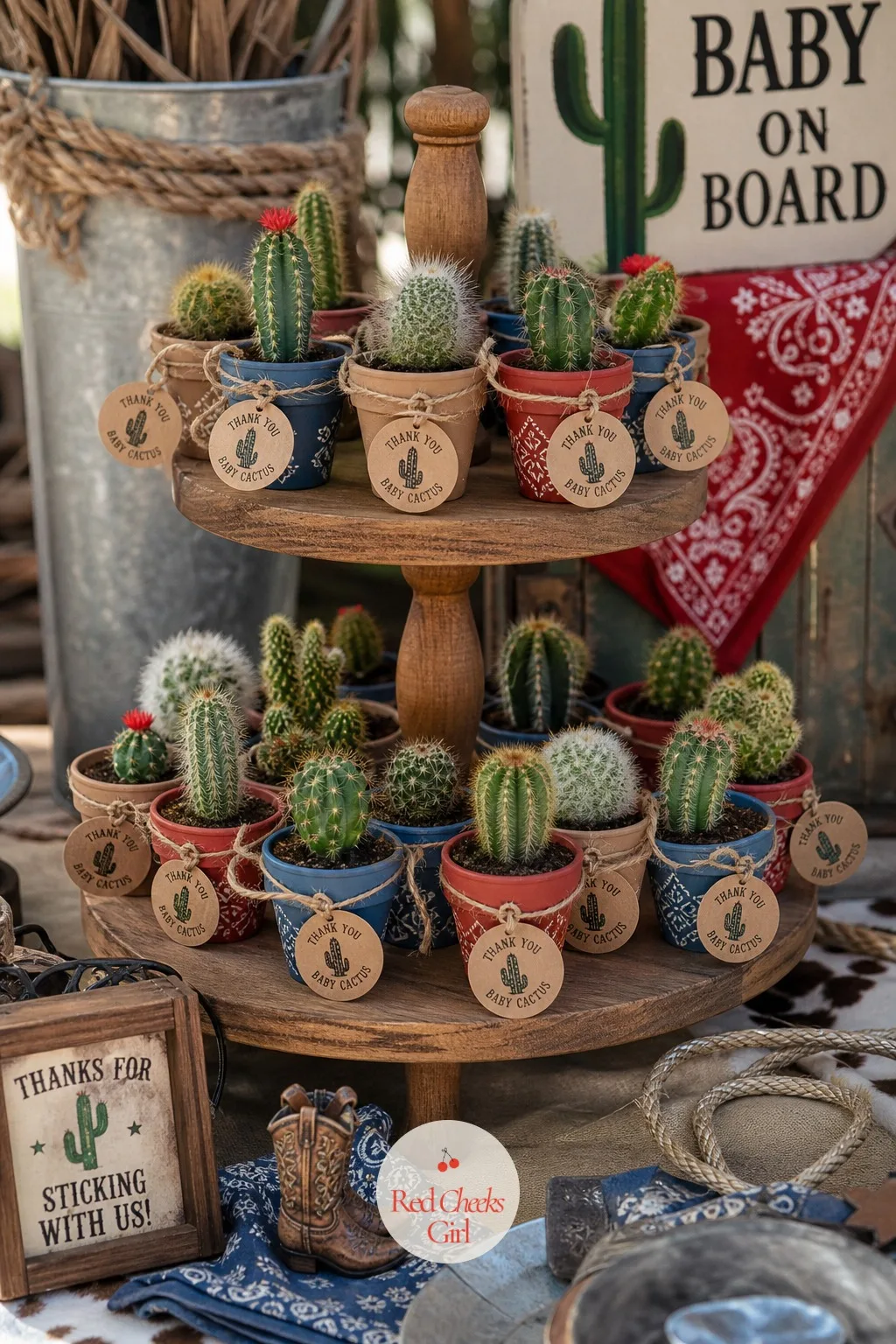Tiered Mini Cactus Favor Stand — A small two tier wood stand, the kind usually used for cupcakes, holds rows of tiny potted cacti instead, each one in its own