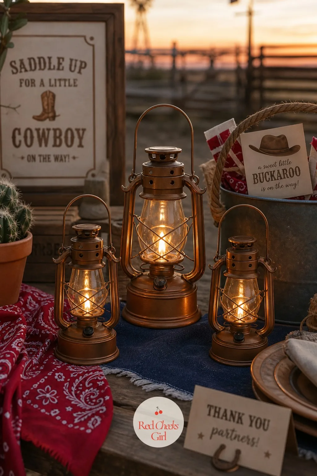 Tin Camp Lantern Cluster — A cluster of three small tin camp lanterns, set at the center of the dessert or gift table once the sun starts going down, reads as