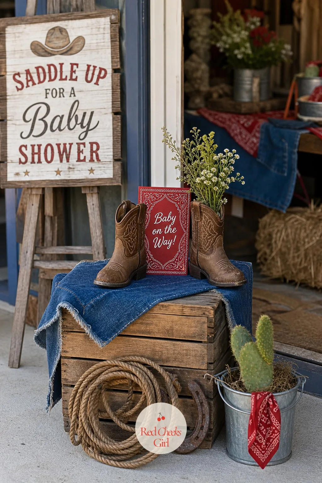 Tiny Boots On A Crate — She will stop at the door before she even gets to the balloons, because a single pair of baby cowboy boots has a way of doing that.