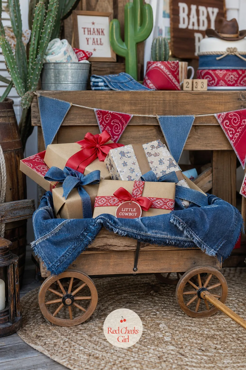 Wagon Gift Holder — A small wood wagon, the kind sized for a child's toy rather than farm work, holds wrapped presents the way a basket never quite manages