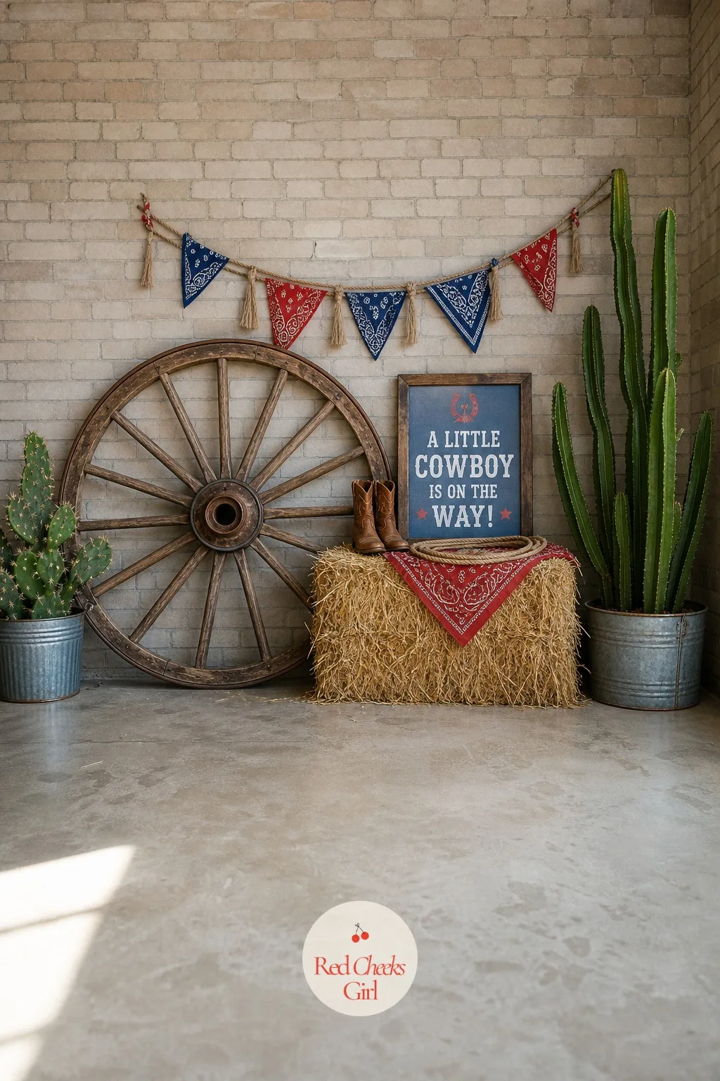 Wagon Wheel And Hay Bale Photo Corner — Lean a full size wagon wheel against the wall at an angle, set a single hay bale in front of it as a low perch, and
