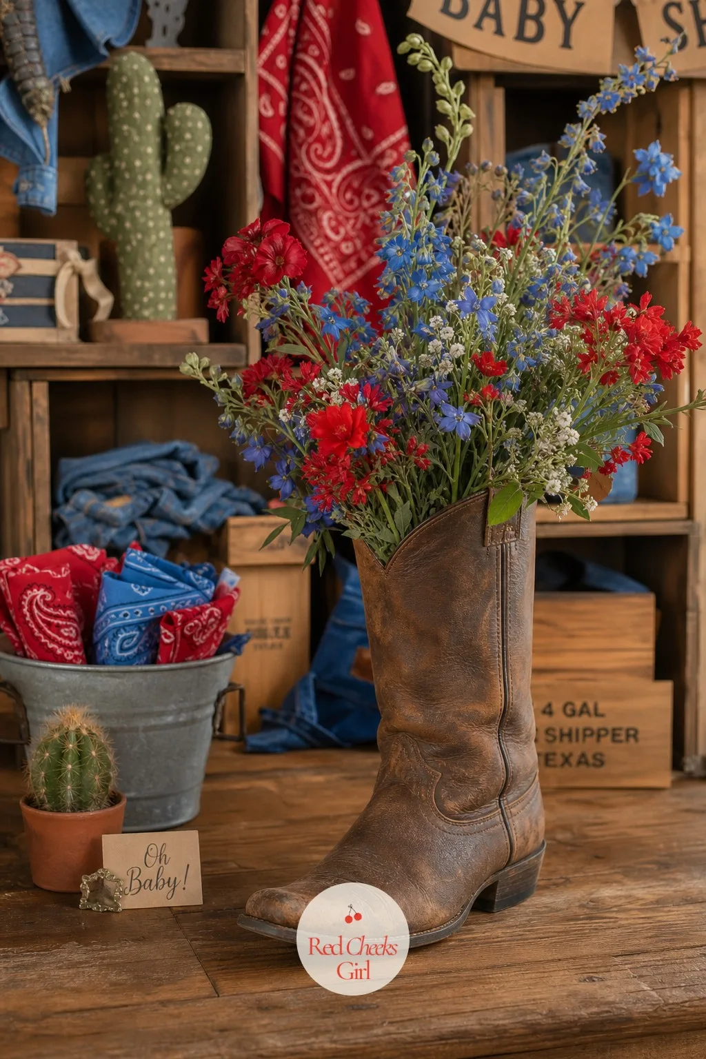 Weathered Boot Vase Of Wildflowers — This is the idea the context promised and it earns its keep: a genuinely worn leather boot, set on the table as is