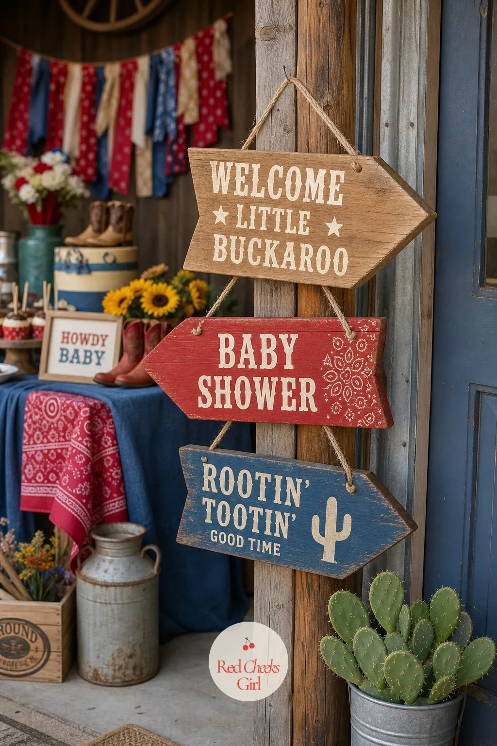 Wood Arrow Directional Signs — Short wood arrow signs, each pointing toward desserts, gifts or seating, hung from a single post with a loop of rope, solve the