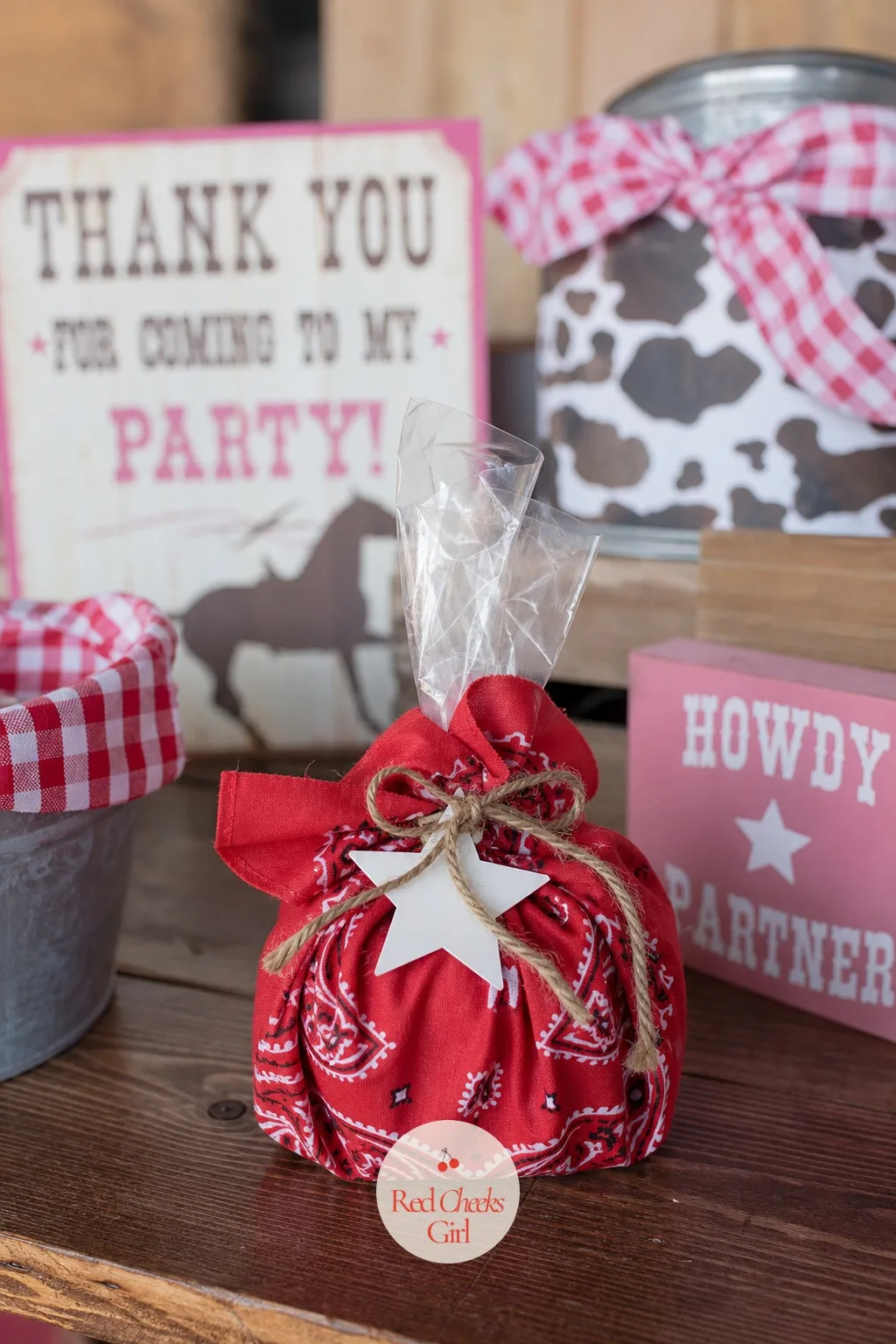 Bandana Favor Bags — A plastic goodie bag disappears in the car on the way home. Cowgirl birthday party ideas