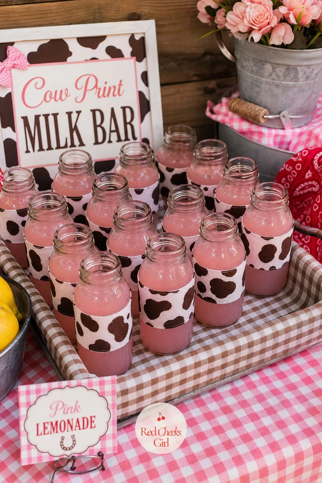 Cow Print Milk Bottle Bar — Plastic cups vanish into the recycling without anyone noticing them. Cowgirl birthday party ideas