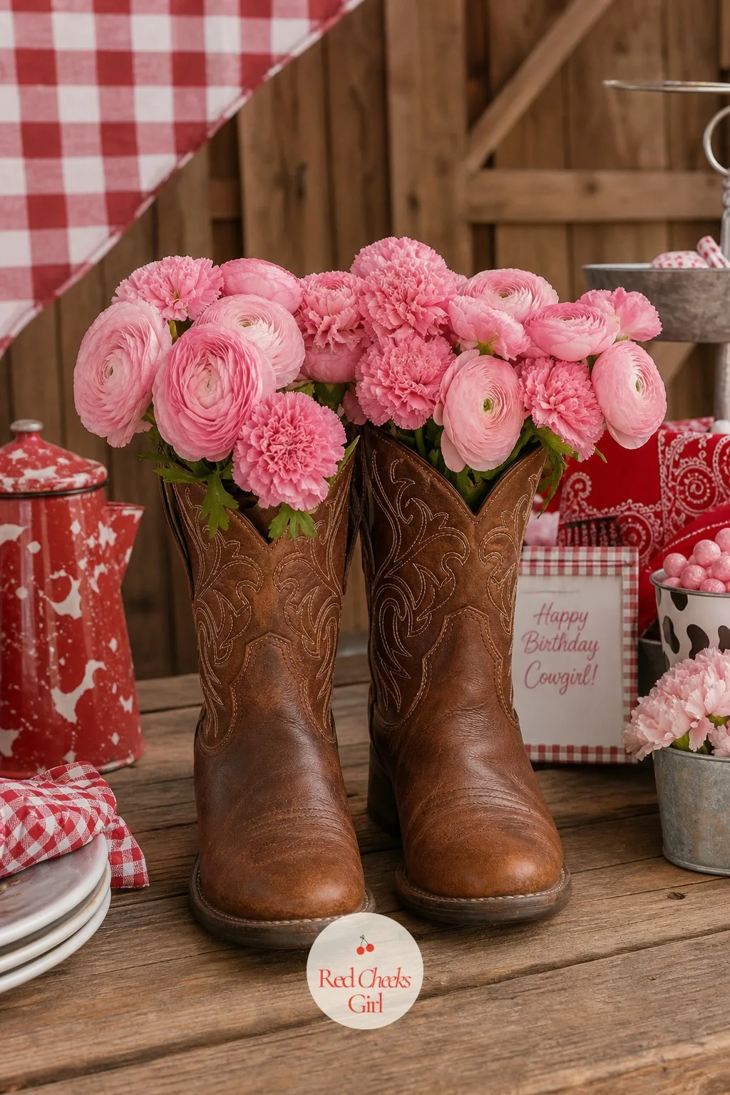 Cowboy Boots Filled with Flowers — A vase looks fine. Cowgirl birthday party ideas