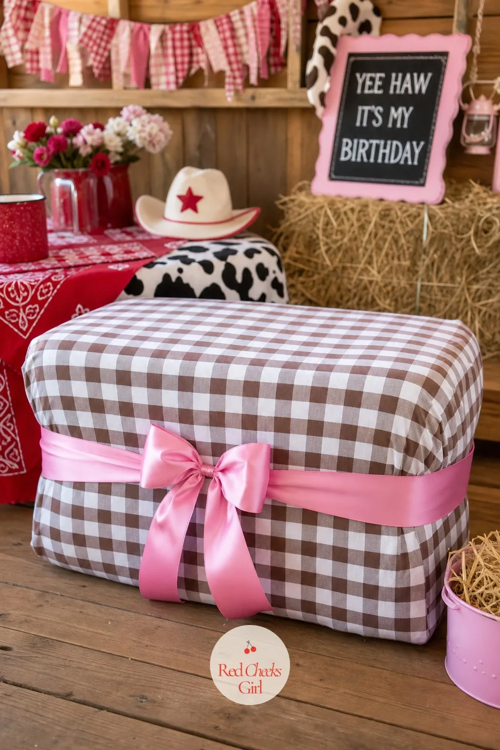 Gingham-Covered Hay Bale Seating — Folding chairs do not photograph and they are not much fun to sit on either. Cowgirl birthday party ideas