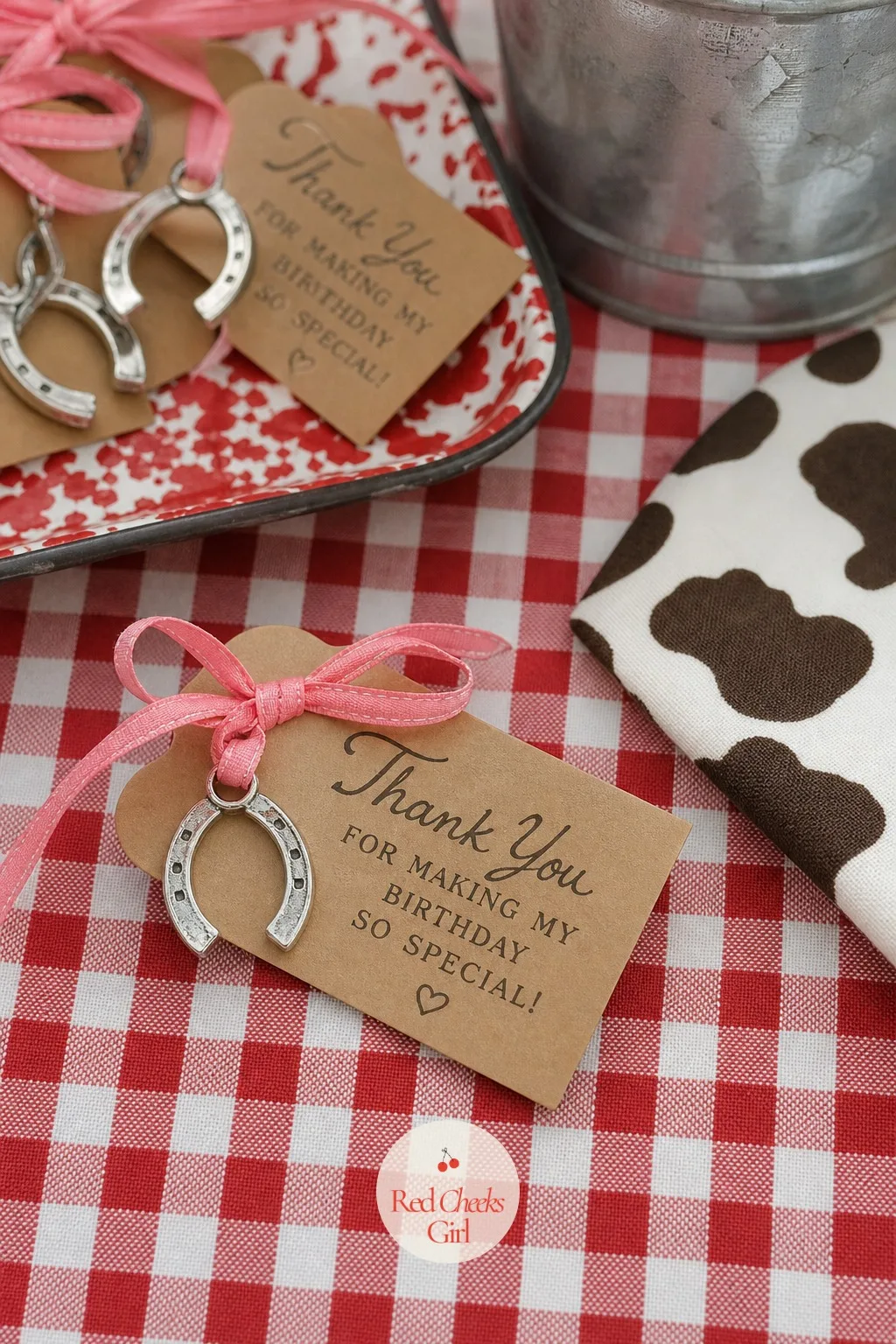 Horseshoe Charm Thank-You Tags — A printed thank you card gets glanced at once. Cowgirl birthday party ideas
