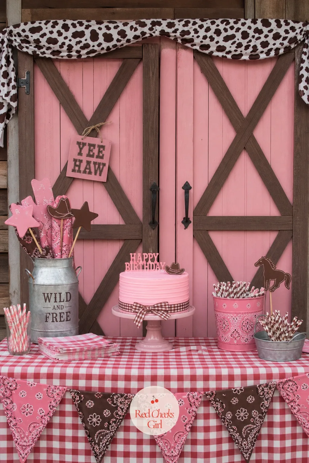Pink Barn Backdrop — A blank wall says nothing. Cowgirl birthday party ideas