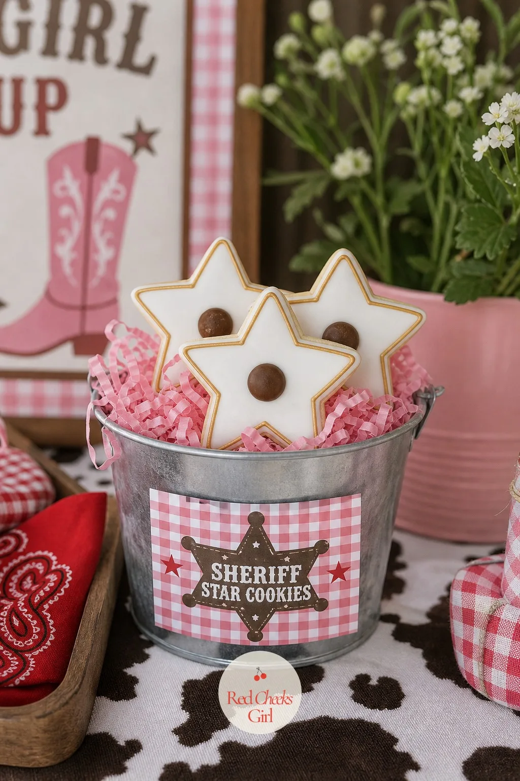 Sheriff Star Cookies — A plain sugar cookie disappears on a crowded table. Cowgirl birthday party ideas