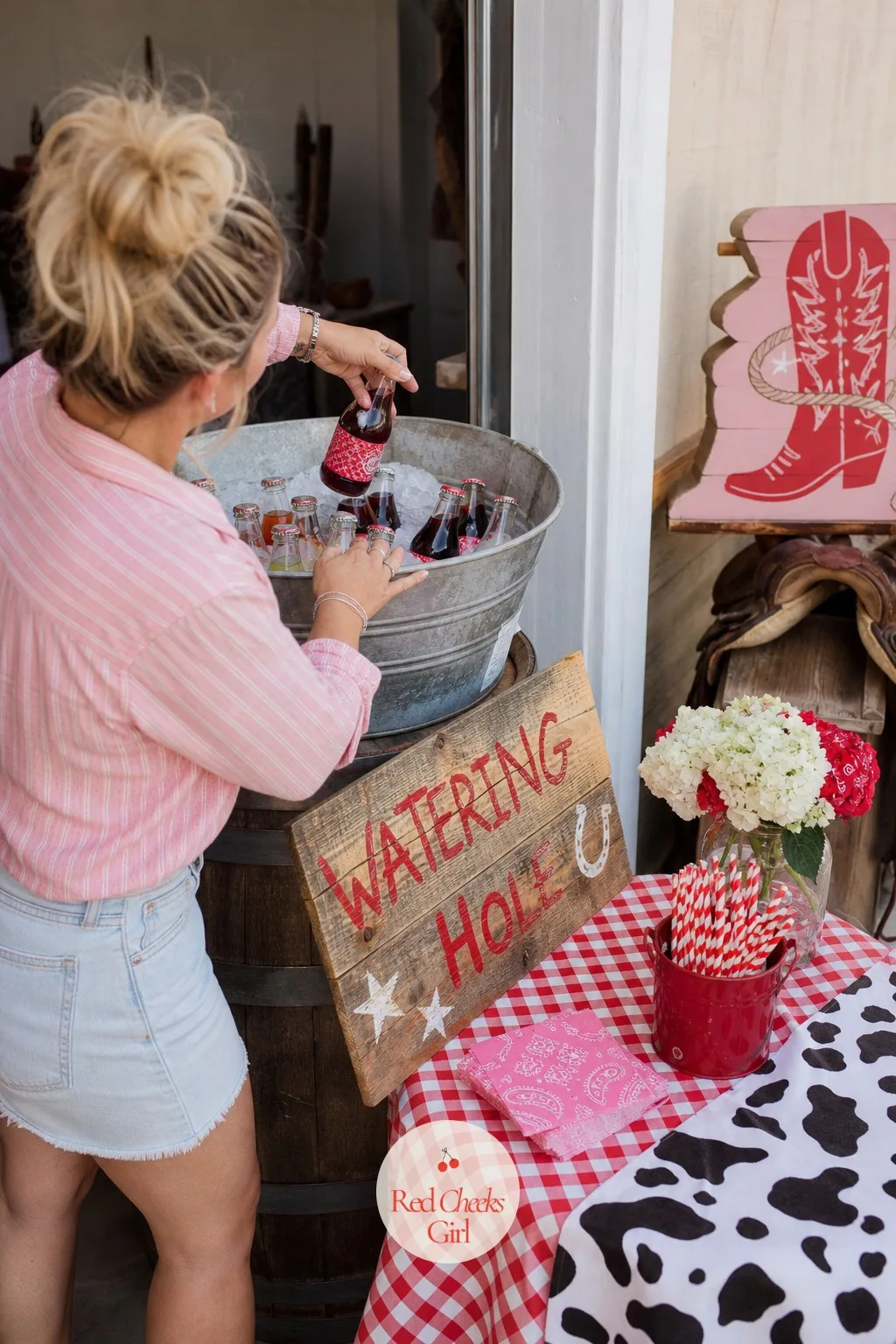 Watering Hole Drink Station — A folding table with warm sodas on it does not say anything. Cowgirl birthday party ideas