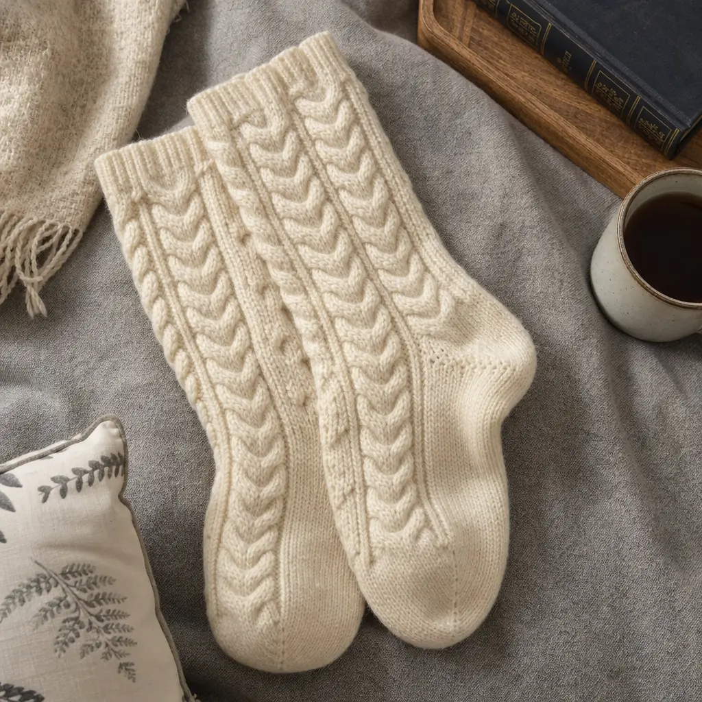 Cozy Cable Knit Socks — A pair of thick cable knit socks, the kind made for sitting under a desk on the days she works from the couch instead of the office.