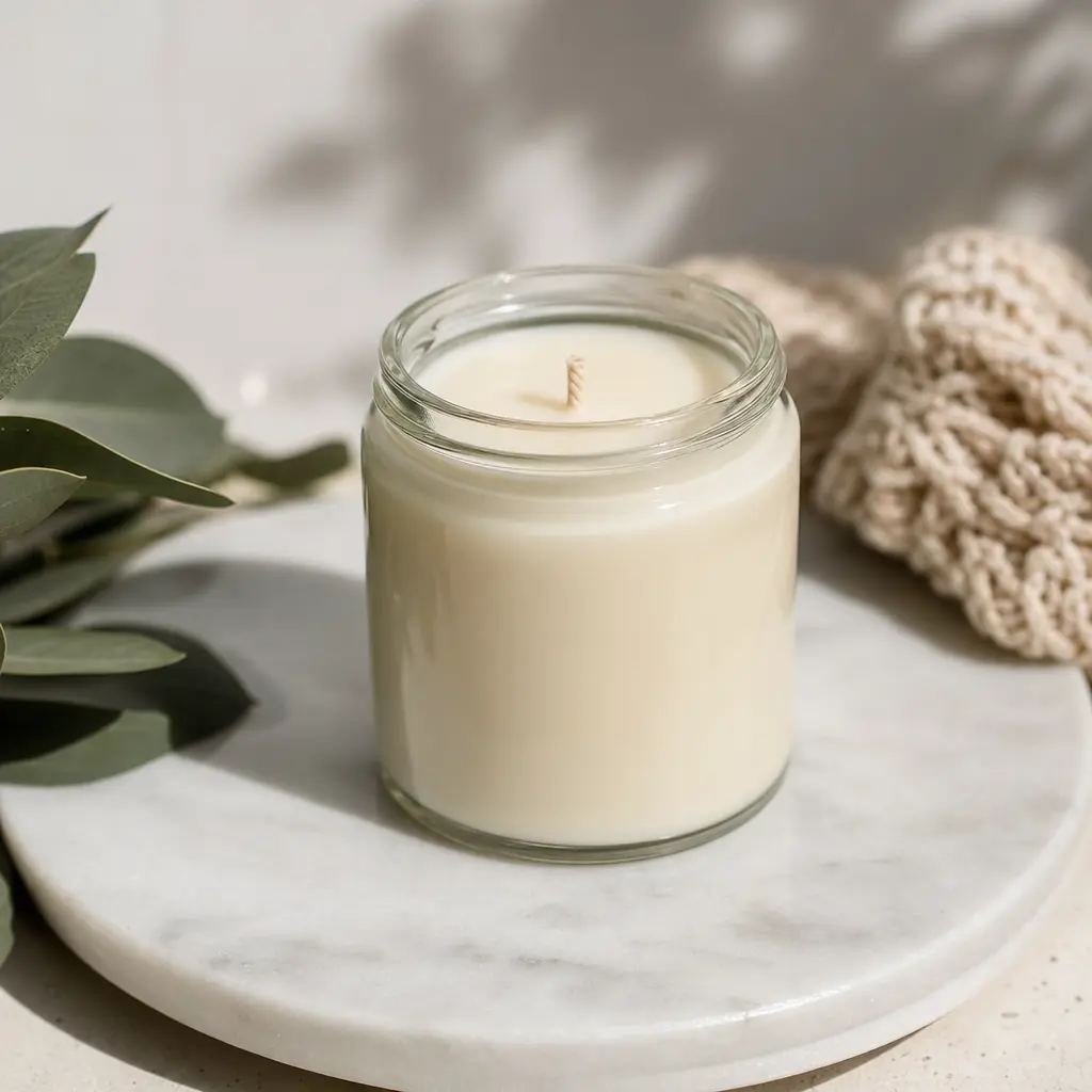 Soy Wax Candle — A small soy candle in a seasonal scent, cinnamon or fir or something close to it, sized for a home office rather than a whole living room.