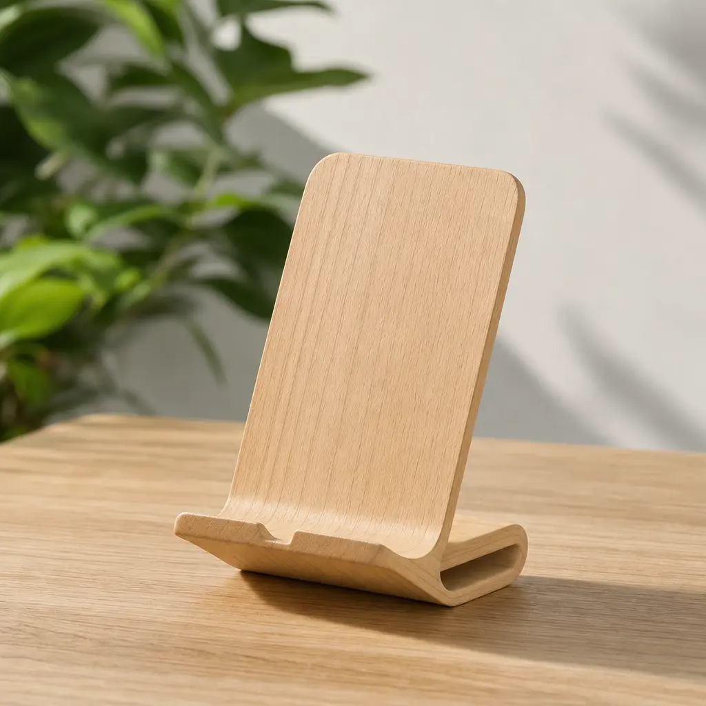 Wooden Phone Stand — A simple wood stand that props a phone up for video calls or recipe scrolling, no cord tangle, no leaning it against a stack of books