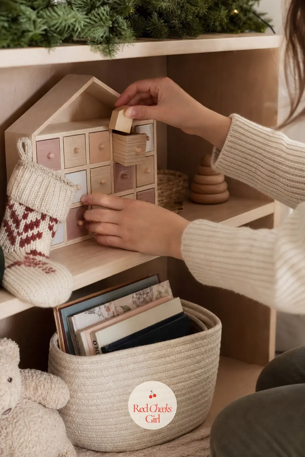 An Advent Corner for the Littlest One — A small wooden advent calendar on a low shelf, a single knit stocking sized just for a child, and a cream basket of