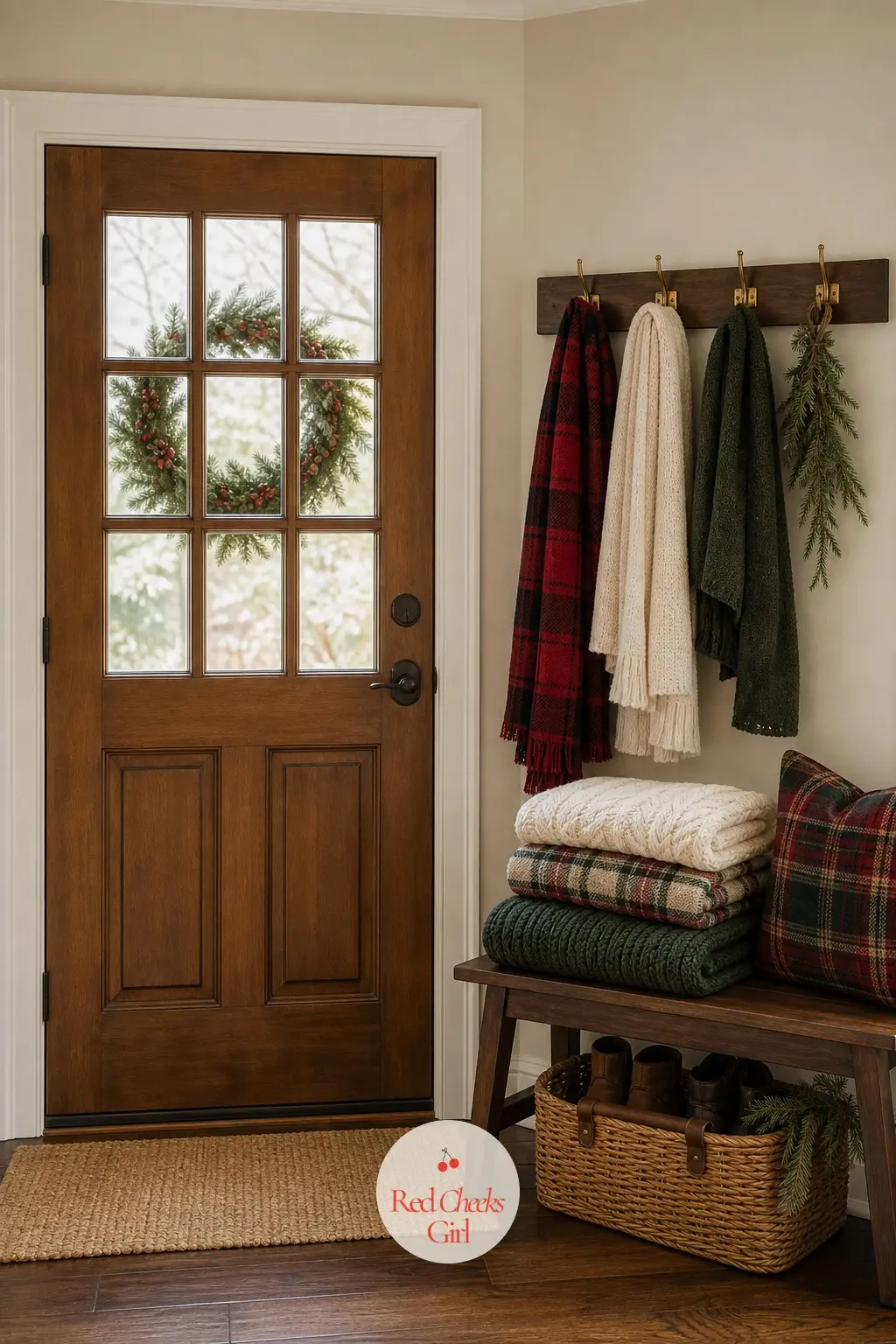 A Bench Piled with Throws Just Inside the Door — Just past the threshold, a small bench loaded with folded knit throws invites coats to come off and shoulders