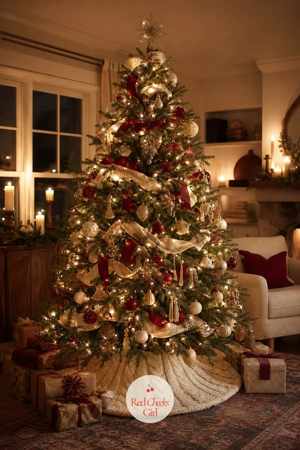 A Candlelit Tree in Cream, Oatmeal and Warm Red — Skip the tinsel entirely and dress the tree in matte ornaments only: cream, oatmeal and warm red baubles with