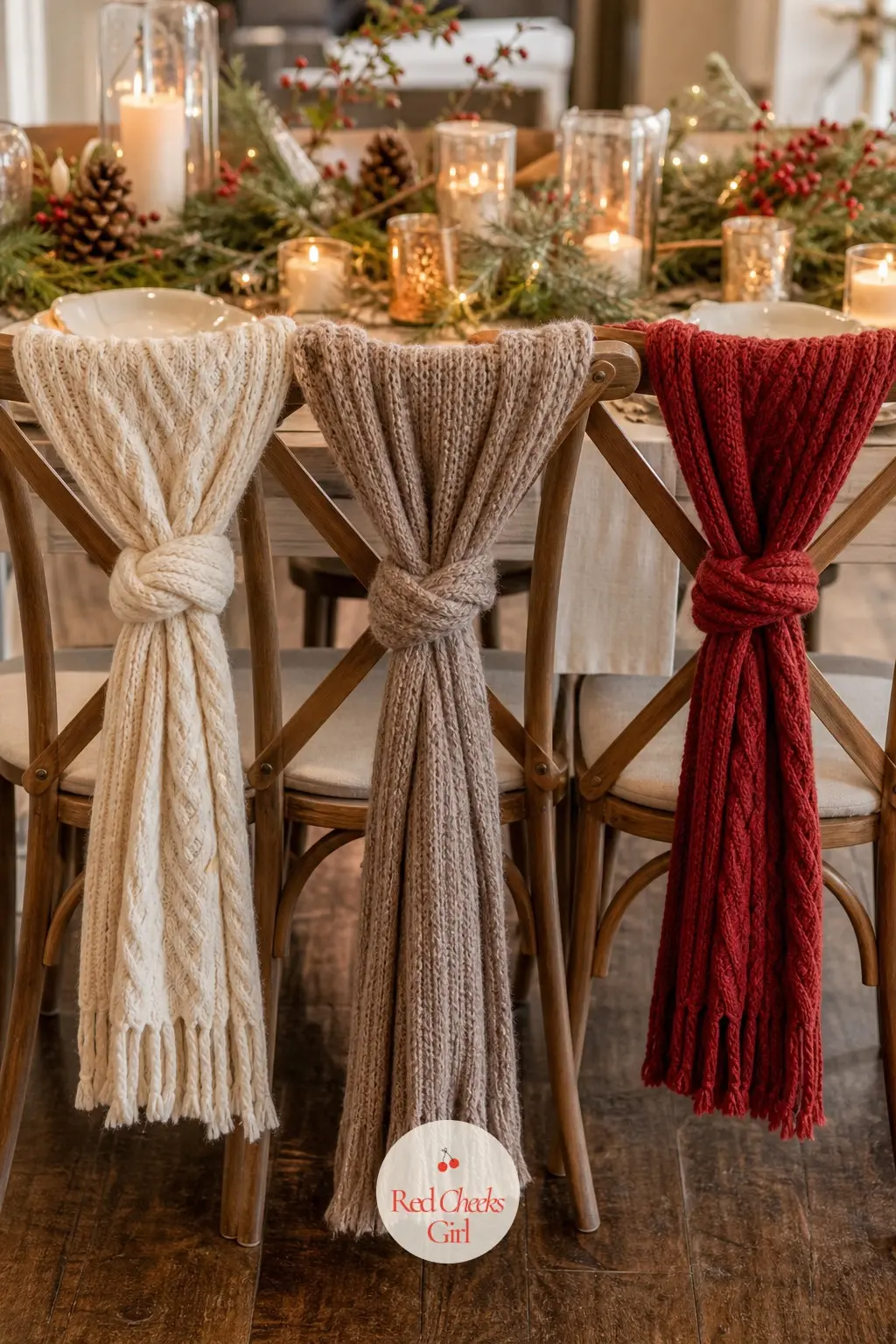 Chair Backs Wrapped in Knit Instead of Velvet — Instead of the usual bow on every dining chair, tie a knit scarf loosely over each chair back, cream and
