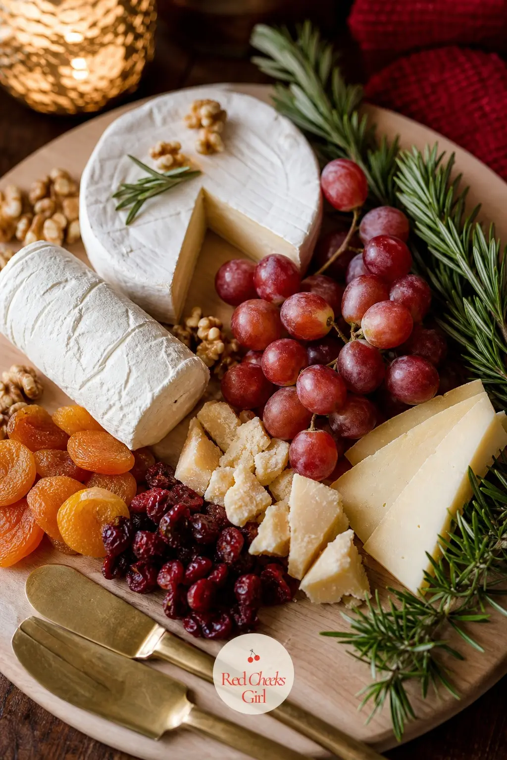 A Cheese Board in Cream and Red for Grazing — Set out a savoury counterpart to the dessert table: a pale wooden board with cream cheeses, warm red grapes and