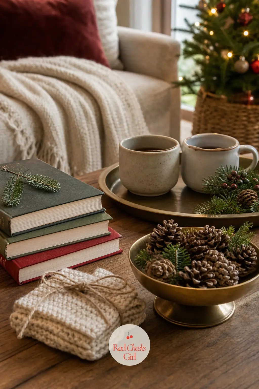 A Coffee Table Stacked for Slow Mornings — The coffee table is where the house actually gets used, so keep it practical: a stack of holiday books, a low brass