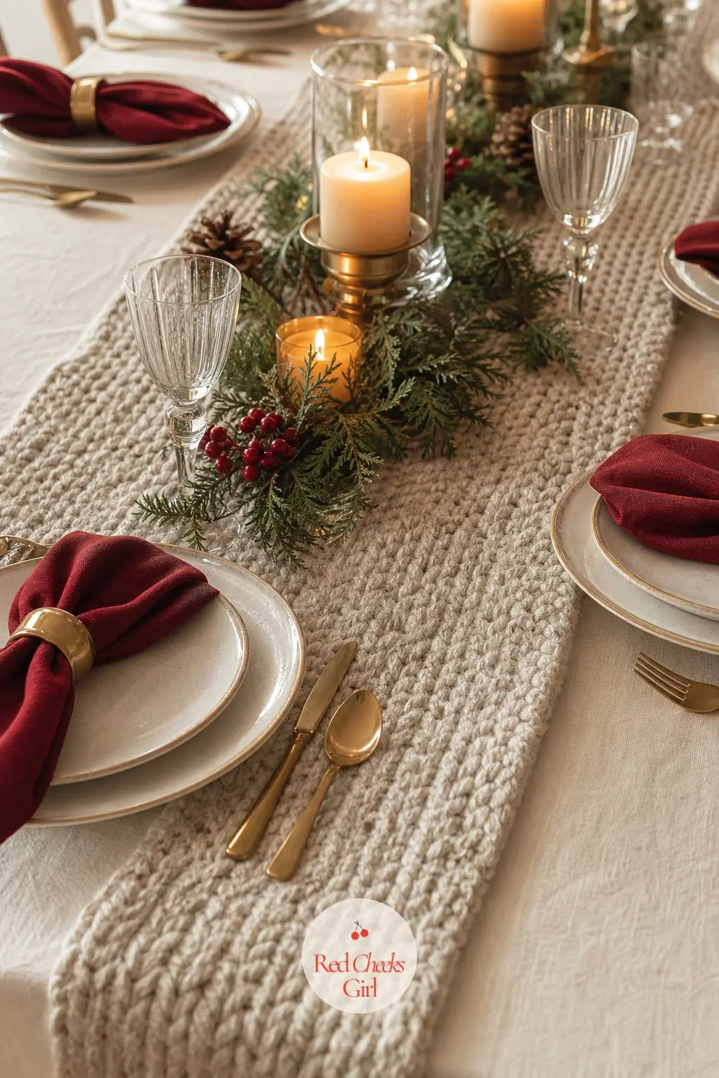 A Cream Cloth Layered Under an Oatmeal Knit Runner — Start with a plain cream cloth, then run a chunky oatmeal knit table runner down the centre, letting it