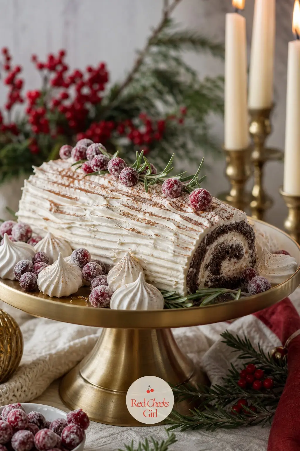 A Dessert Table in Cream, Red and Gold — Keep the sweets within the same three colours as the room: cream meringues, warm red sugared cranberries, a