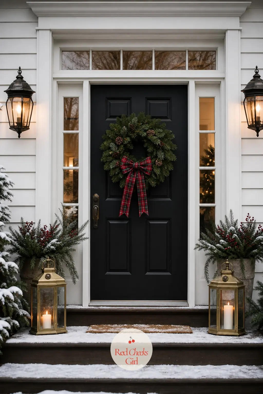 A Door Dressed for Coming In From the Cold — A single pine wreath on the door, finished with a wide flannel plaid bow instead of the usual velvet one, keeps
