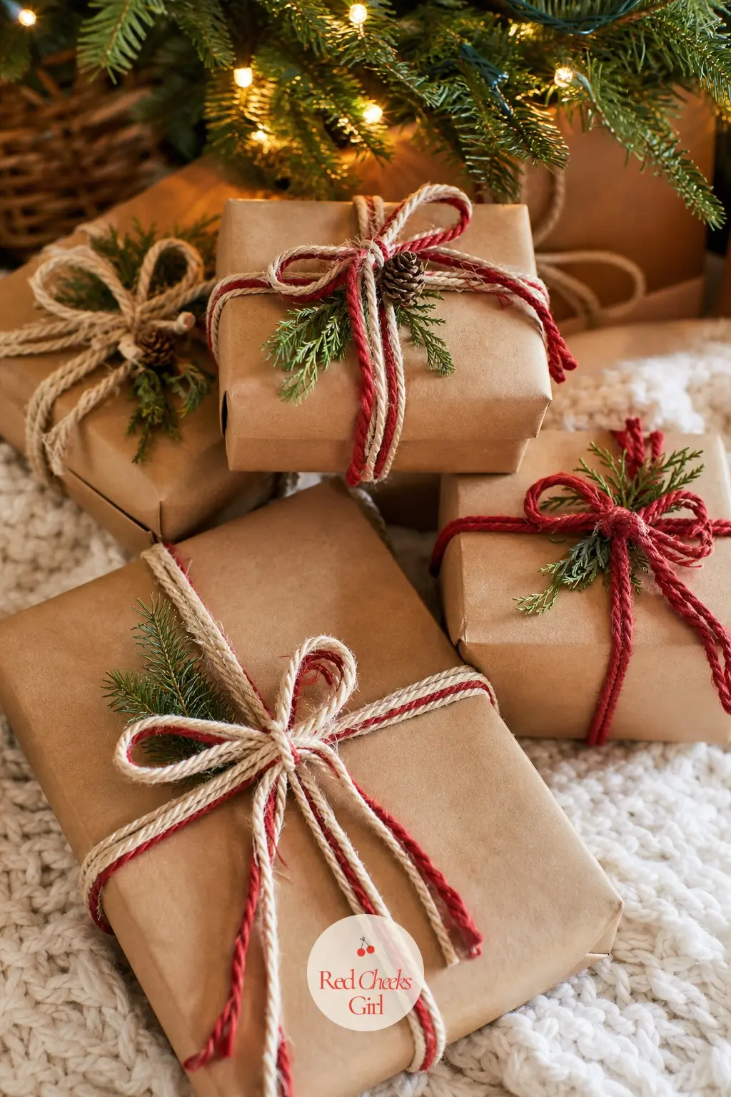 Gifts Wrapped in Kraft, Red and Oatmeal Twine — Wrap presents in plain kraft paper, then tie each one with warm red or oatmeal knit twine instead of printed
