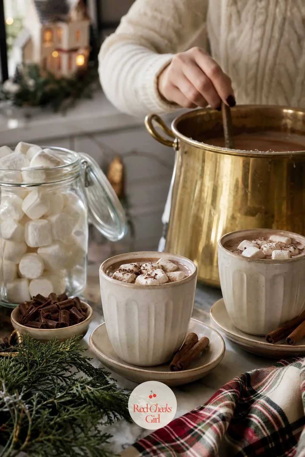 A Hot Cocoa Station in Cream Mugs and Brass — Set up a small tray on the counter or a bar cart: cream stoneware mugs, a brass pot for the cocoa, marshmallows