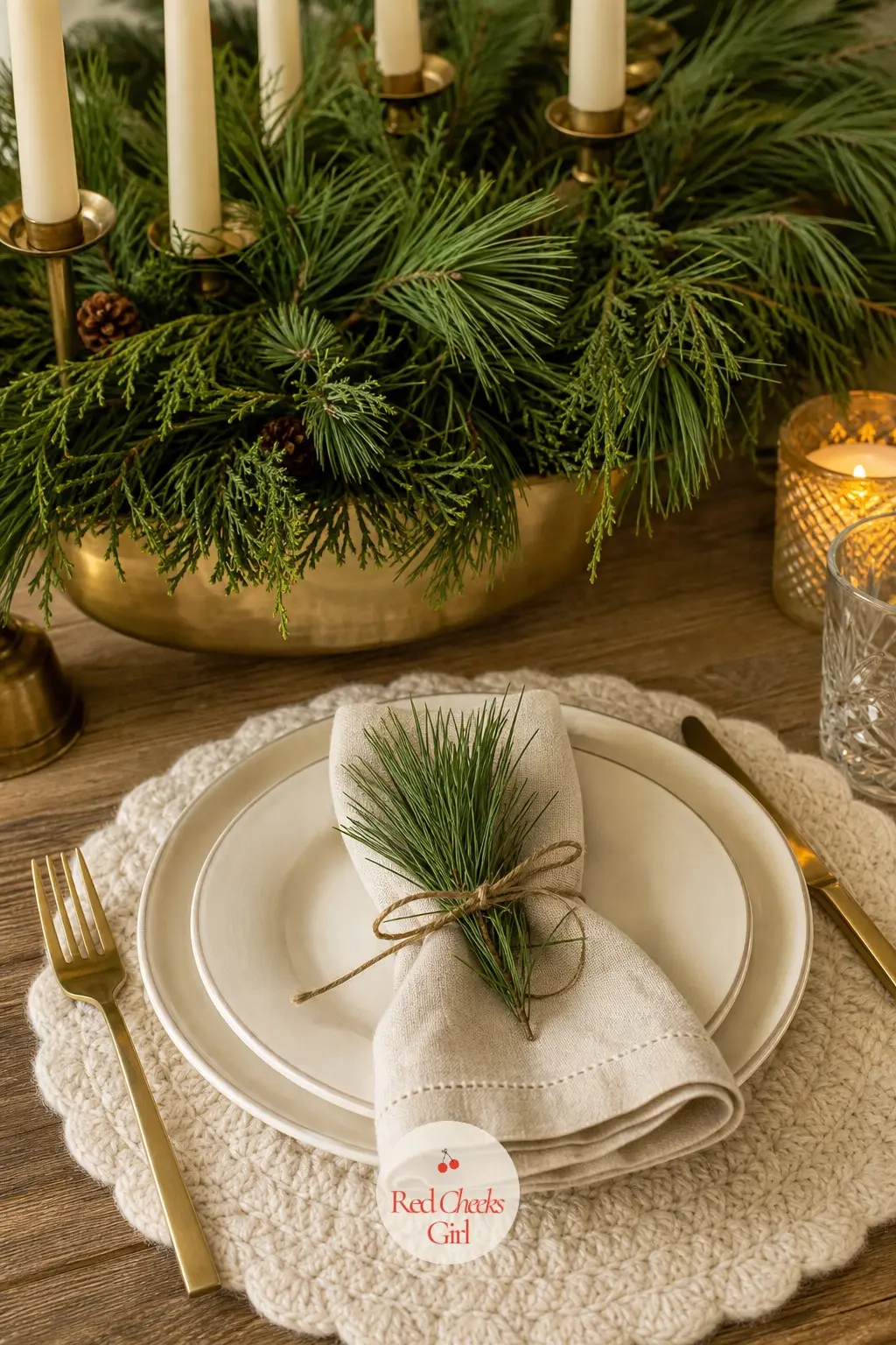 A Low Pine Centerpiece and One Place Set With Care — Keep the centerpiece low enough to talk over: a shallow brass bowl filled with pine clippings, a few cream